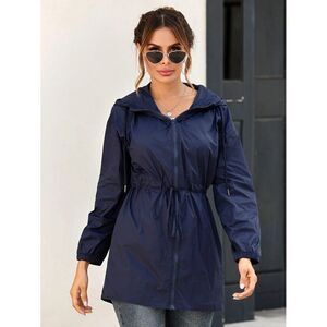 Hooded‎ Windbreaker Jacket Lightweight Zip-Up Drawstring Waist Water- Resistant